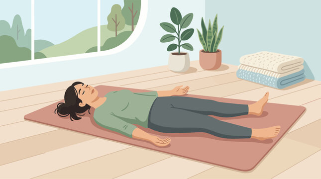 Woman lying in savasana pose for relaxation and meditation on a yoga mat with corpse pose lying down stress relief savasana relaxation meditation recovery mindfulness wellness serenity