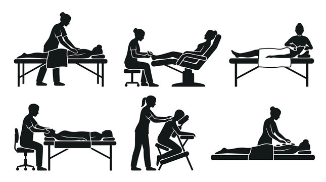 Set of massage icons professional therapist performing different types of body and face massage on clients spa treatment, wellness, relaxation, and health care concept vector illustration