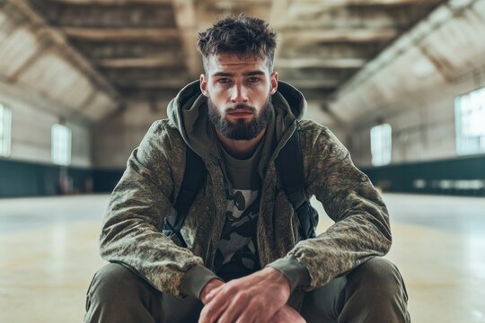 Portrait of a stylish young man with a beard sitting in an industrial interior with brick walls