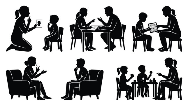 Set of silhouettes of speech therapy sessions, child development, educational activities, and professional counseling with kids and adults