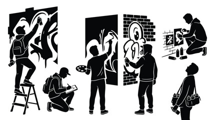 Set of black silhouettes of graffiti artists painting on walls and sketching in a notebook © Essential Design Lab