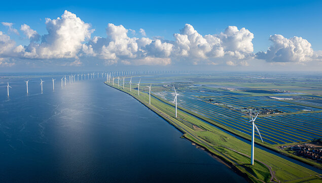 Wind Turbines Along a Causeway in a Vast Lake Under a Cloudy Sky.