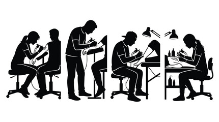 Fototapeta premium Set of tattoo artists working on clients, silhouette illustration of professional tattooist creating body art