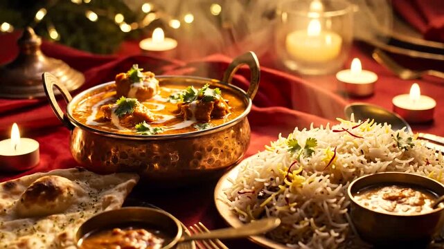Traditional Indian cuisine dinner setup with rice and curry.