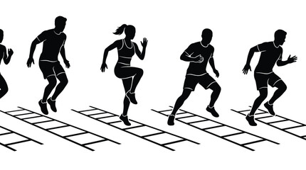 Silhouettes of athletes training with agility ladders © PixelAura_Studio