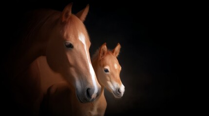 Fototapeta premium Majestic horses stand together in this captivating portrait. A mother and foal with gentle expressions show deep connection. Ideal for equine enthusiasts and artwork. AI