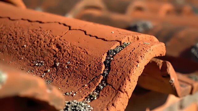Close up of cracked terracotta roof tile with moss and lichen.