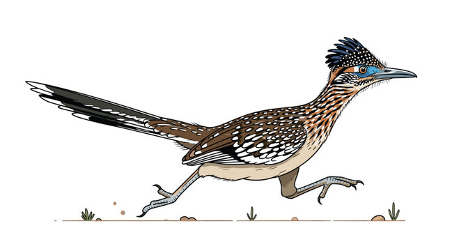 A detailed digital side-profile illustration of a greater roadrunner bird in a running motion on a thin ground line against a neutral off-white background.