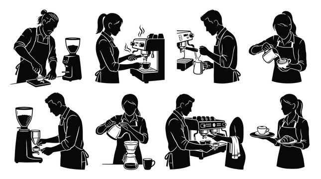 Set of baristas making coffee, professional coffee preparation process, espresso machine, grinder, pour over, latte art, serving coffee, vector illustration