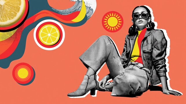 Creative pop art illustration of a sitting woman in retro attire surrounded by citrus fruits and abstract waves