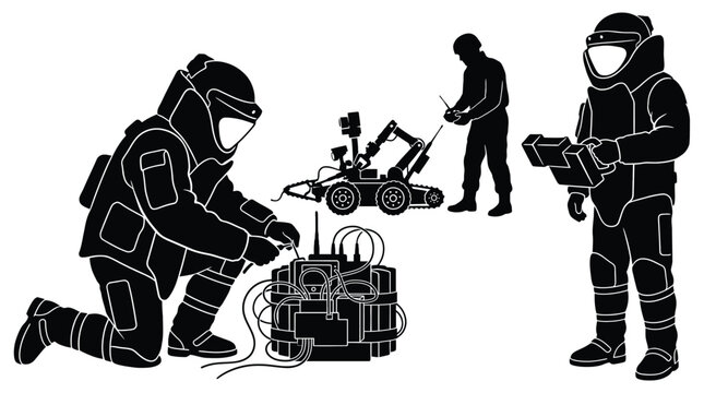 Bomb squad team working with a robot to defuse an explosive device vector illustration of eod technicians in protective gear handling a bomb