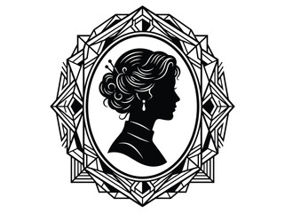 Art deco style silhouette of a woman in a vintage frame, elegant profile portrait of a lady with an intricate hairstyle, vector illustration © PixelAura_Studio
