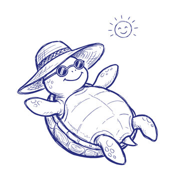 Cute Turtle Floating with Sun Hat and Sunglasses Hand-Drawn Summer Coloring Page &mdash; Blue Outline Cartoon Vector Illustration