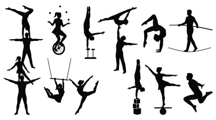 Set of circus performers silhouettes, acrobats, gymnasts, tightrope walker, juggler on unicycle, trapeze artist © PixelAura_Studio