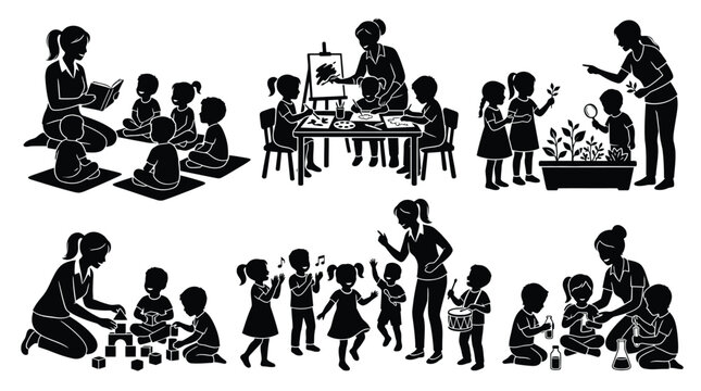 Set of silhouettes of a teacher and children engaged in various educational and creative activities in a classroom or kindergarten