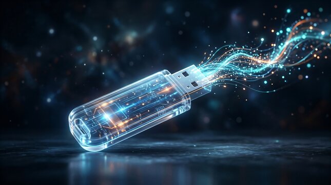 Transparent usb flash drive floating in dark space. Electronic device emitting glowing blue light particles. Digital data storage and high speed transfer technology concept.
