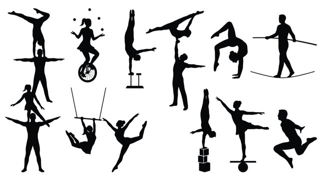 Set of circus performers silhouettes, acrobats, gymnasts, tightrope walker, juggler on unicycle, trapeze artist