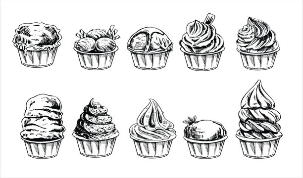 hand drawn sketch of ice cream balls frozen yoghurt vector illustration