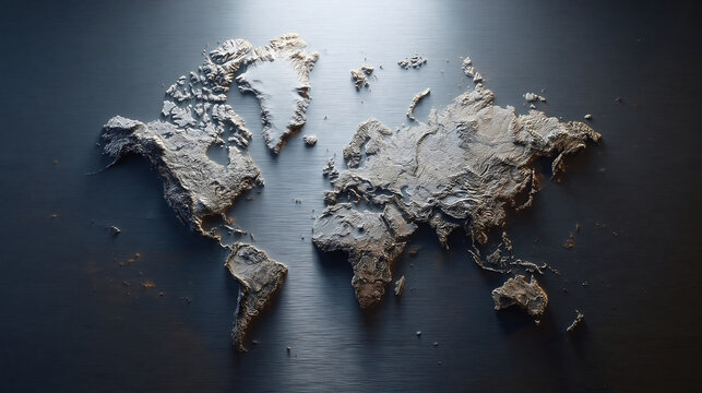 Rough 3D world map with gray stone texture on a dark background, symbolizing geography, global travel, and international connection.