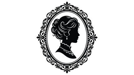 Victorian cameo silhouette of a woman in an ornate oval frame, vintage elegant female profile portrait with pearl necklace and earring, classic black and white decorative border illustration © PixelAura_Studio