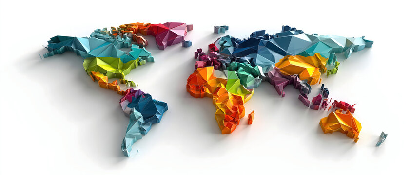 Colorful abstract world map in watercolor polygon style on white, symbolizing global travel, geography, diversity, and international connection.
