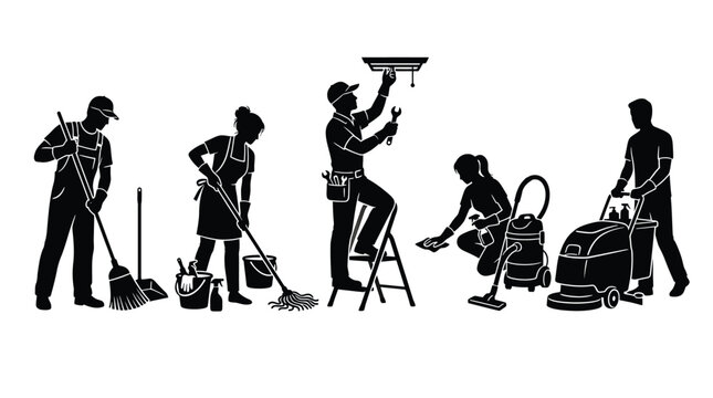 Set of professional cleaning service staff silhouettes, including janitors, maintenance workers, and cleaners with equipment like brooms, mops, ladders, vacuum cleaners, and floor scrubbers