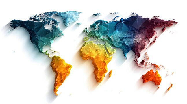 Colorful abstract world map in watercolor polygon style on white, symbolizing global travel, geography, diversity, and international connection.