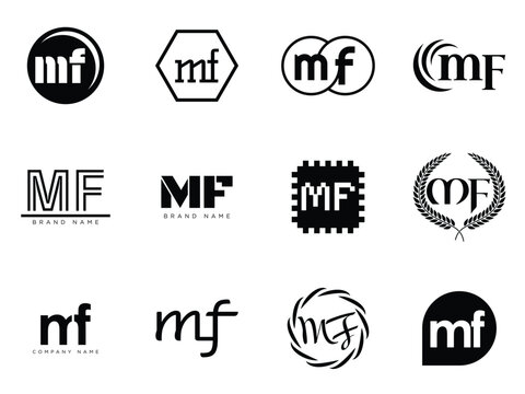 MF logo company template. Letter m and f logotype. Set different classic serif lettering and modern bold text with design elements. Initial font typography.