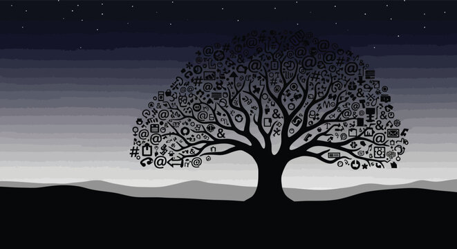 Abstract tree made of internet symbols and letters under starry night sky, concept of digital world and connectivity.