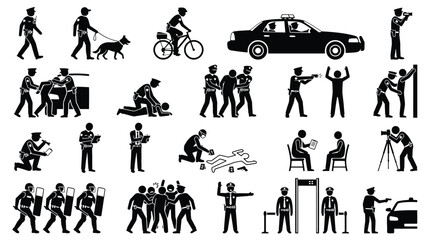 Police officer icons set, law enforcement and crime investigation, police force activities, police car, arrest, detective, riot control, and security guard © PixelAura_Studio