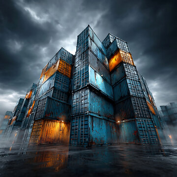 Colorful shipping containers in an industrial port scene with wet reflections and a dramatic stormy sky, symbolizing global logistics.