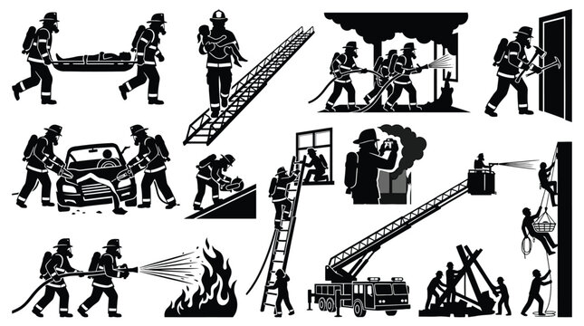 Set of firefighter silhouettes, emergency services icons, rescue team members in action, firemen with equipment, tools, ladder, fire truck, hose, and rescue operations