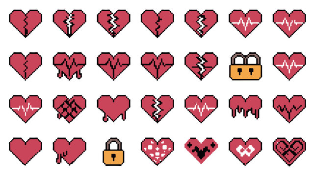 Set of pixel art heart icons representing different emotions and states like broken hearts, love, health, pulse, and locked feelings in vibrant pink colors for retro video game design elements