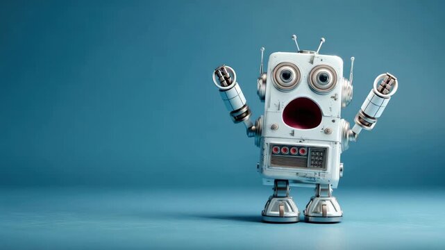 shocked looking little robot on blue background illustrated animation