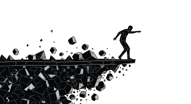 Man standing on crumbling edge, falling rocks, concept of risk and danger, precarious situation, white background.