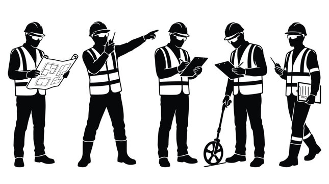 Set of construction workers silhouettes, engineers in hard hats and safety vests, professional builders, architects, surveyors, and site managers