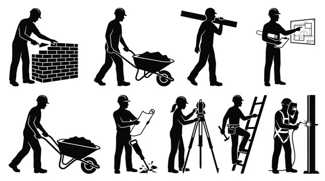 Set of construction workers silhouettes, builders, engineers, architects, and laborers with tools and equipment