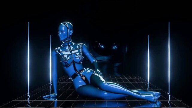 Mesmerizing Abstract 3d animation of a futuristic blue cyborg figure, perfect VJ loop 3d for DJ sets, a compelling 3d video with an infinite loop for cyberpunk themed events and digital art displays
