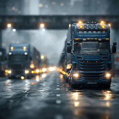 Fototapeta premium Semi truck driving through rain on a wet highway at night, with headlights, reflections, and moody cinematic lighting.
