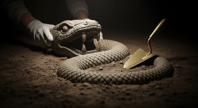 Archaeologist uncovering an ancient stone snake statue in a dark underground excavation site