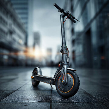 Electric scooter standing on a moody urban street, symbolizing modern city mobility, sustainable transport, and last mile commuting.