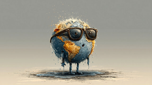 Whimsical watercolor illustration of planet Earth as a cute character wearing goggles, isolated on white with a playful environmental theme.