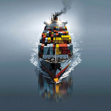 Large container ship sailing forward through calm water, symbolizing global trade, maritime logistics, and international cargo transport.