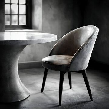 Moody interior scene with a modern chair beside a round table, softly lit by window light against textured gray walls.