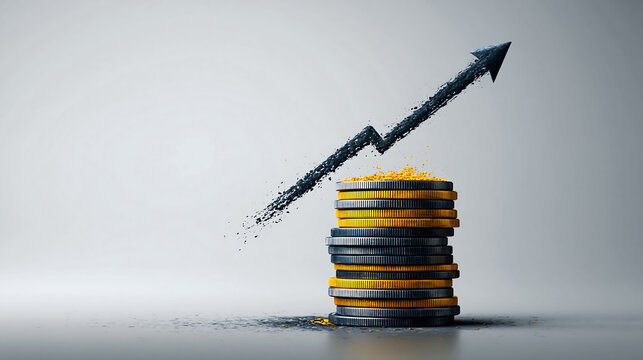 Studio concept image of stacked coins with a rising red chart, symbolizing financial growth, investment success, and profit increase.