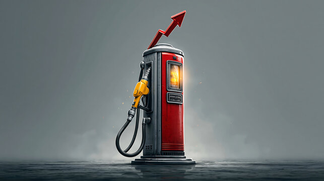 Conceptual studio image of a red gas pump with a rising arrow, symbolizing increasing fuel prices, inflation, and energy market pressure.