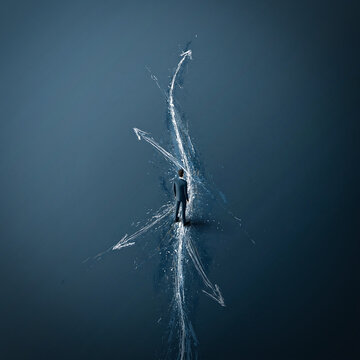 Conceptual illustration of a solitary figure standing between abstract arrows on a dark blue background, symbolizing choices and direction.