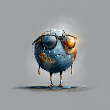 Whimsical watercolor illustration of planet Earth as a cute character wearing goggles, isolated on white with a playful environmental theme.
