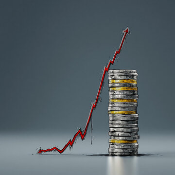 Studio concept image of stacked coins with a rising red chart, symbolizing financial growth, investment success, and profit increase.