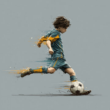 Dynamic illustration of a young soccer player kicking a ball, with motion effects and a gray background creating an energetic sports atmosphere.